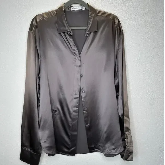 Christian Dior 100% Silk Taupe Brown Multi-Tonal Shimmer Button Blouse 14 - Picture 2 of 13